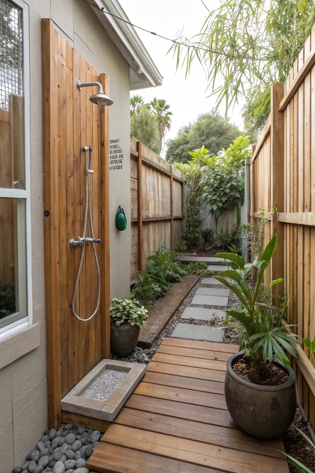 An outdoor shower offers a refreshing escape in narrow side yards.