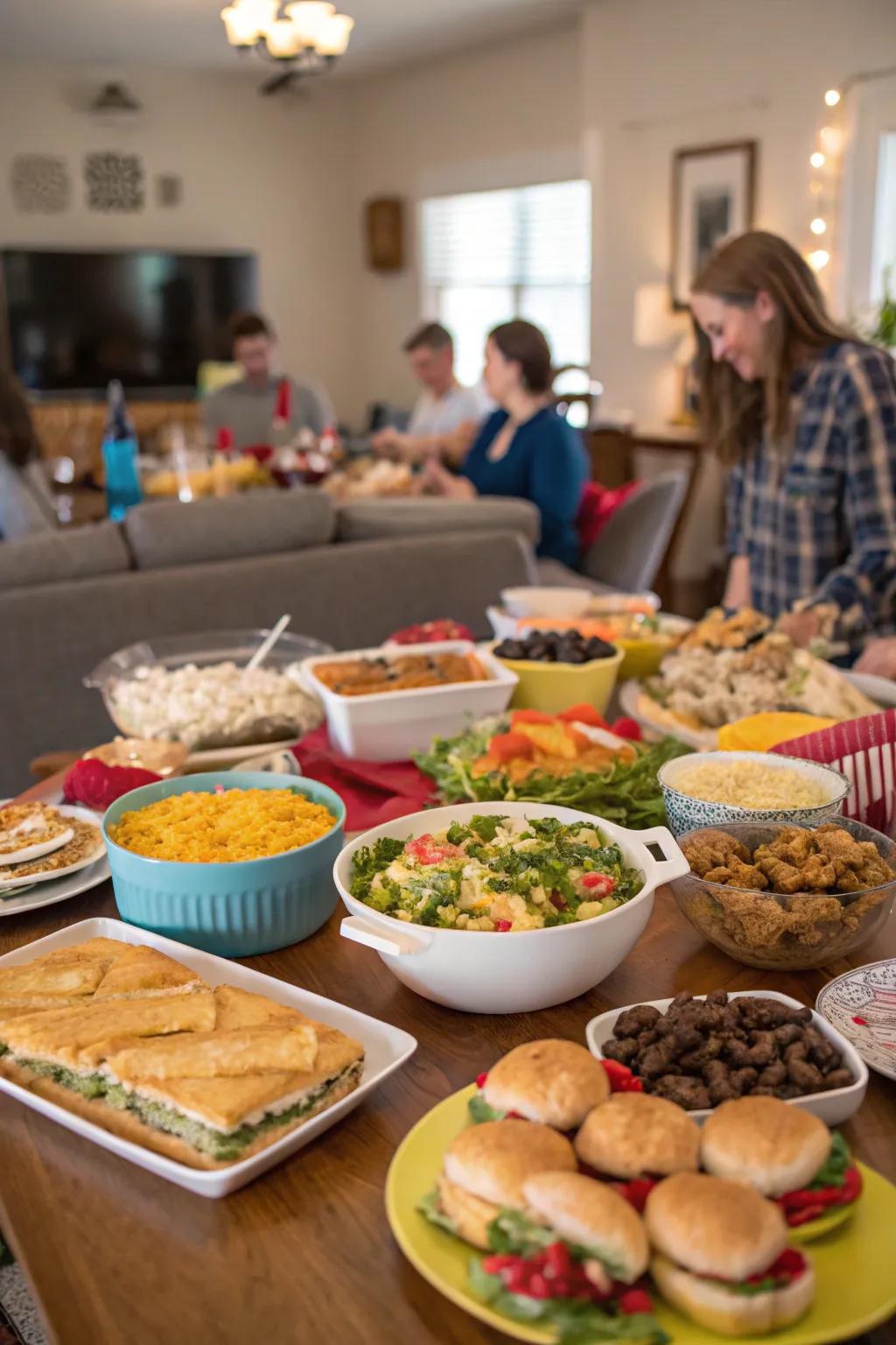 A potluck dinner setup with a variety of dishes on the table.