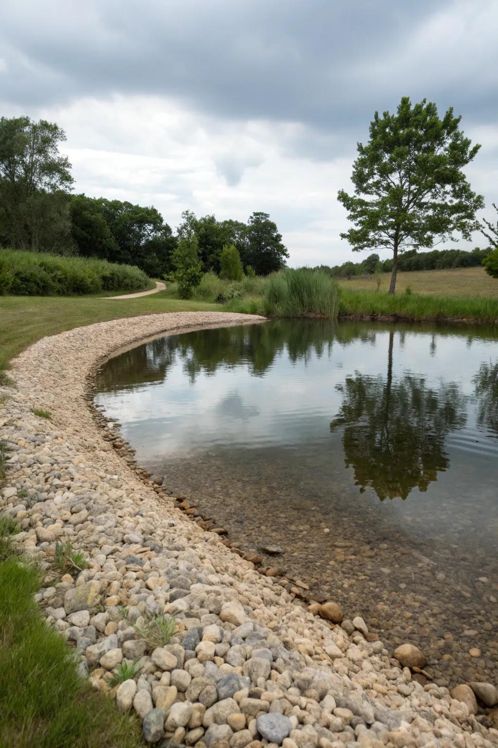 A pebble beach provides a natural and inviting pond edge.