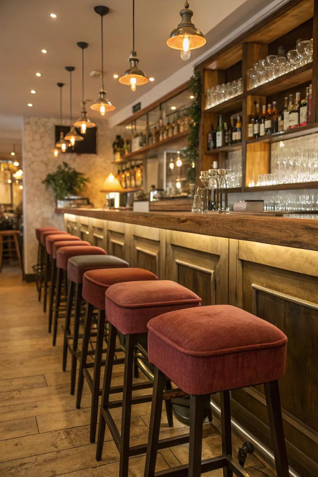 Appealing seating motivates patrons to tarry at a petite restaurant bar.