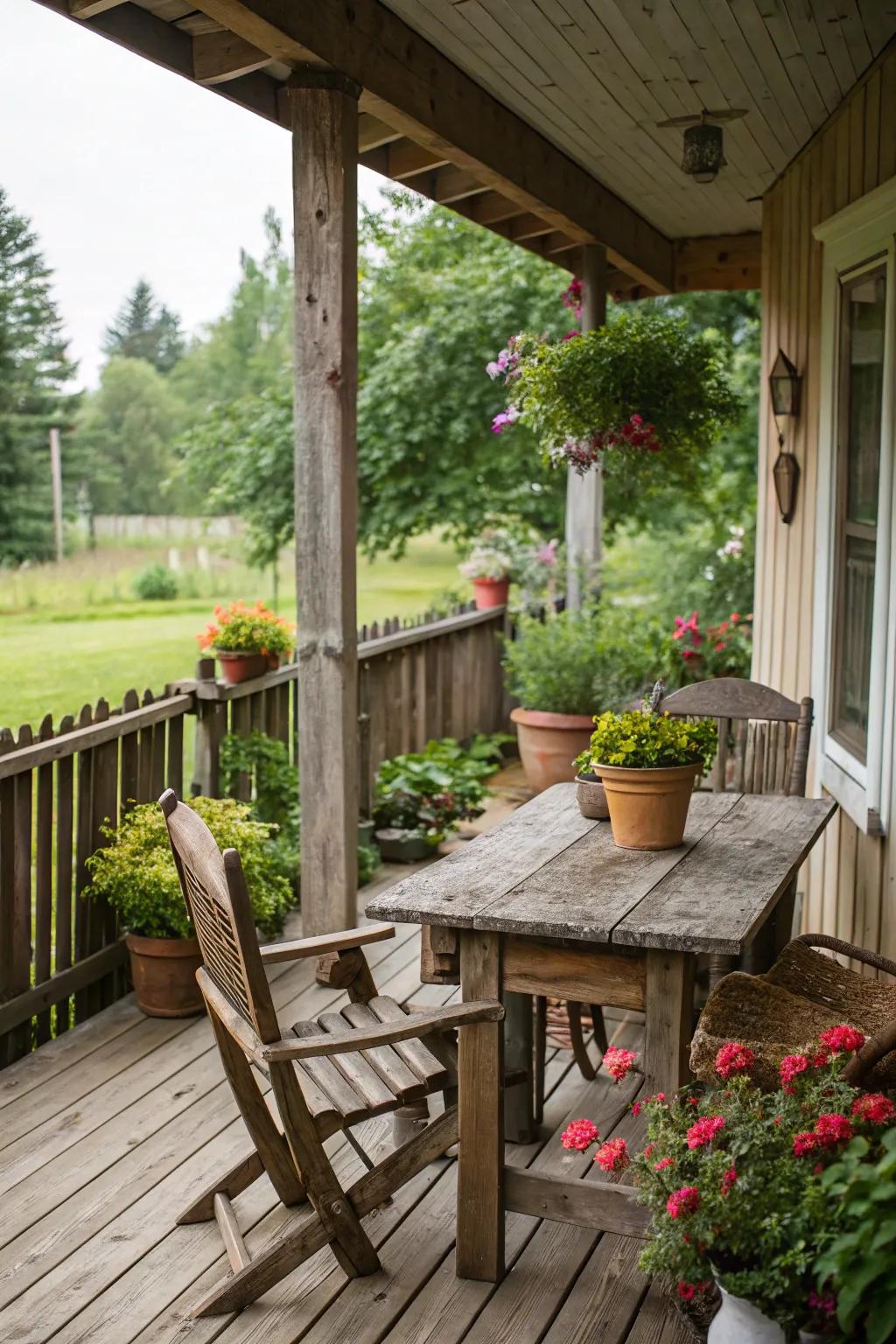 A side porch with rustic timber furniture and natural decorations.