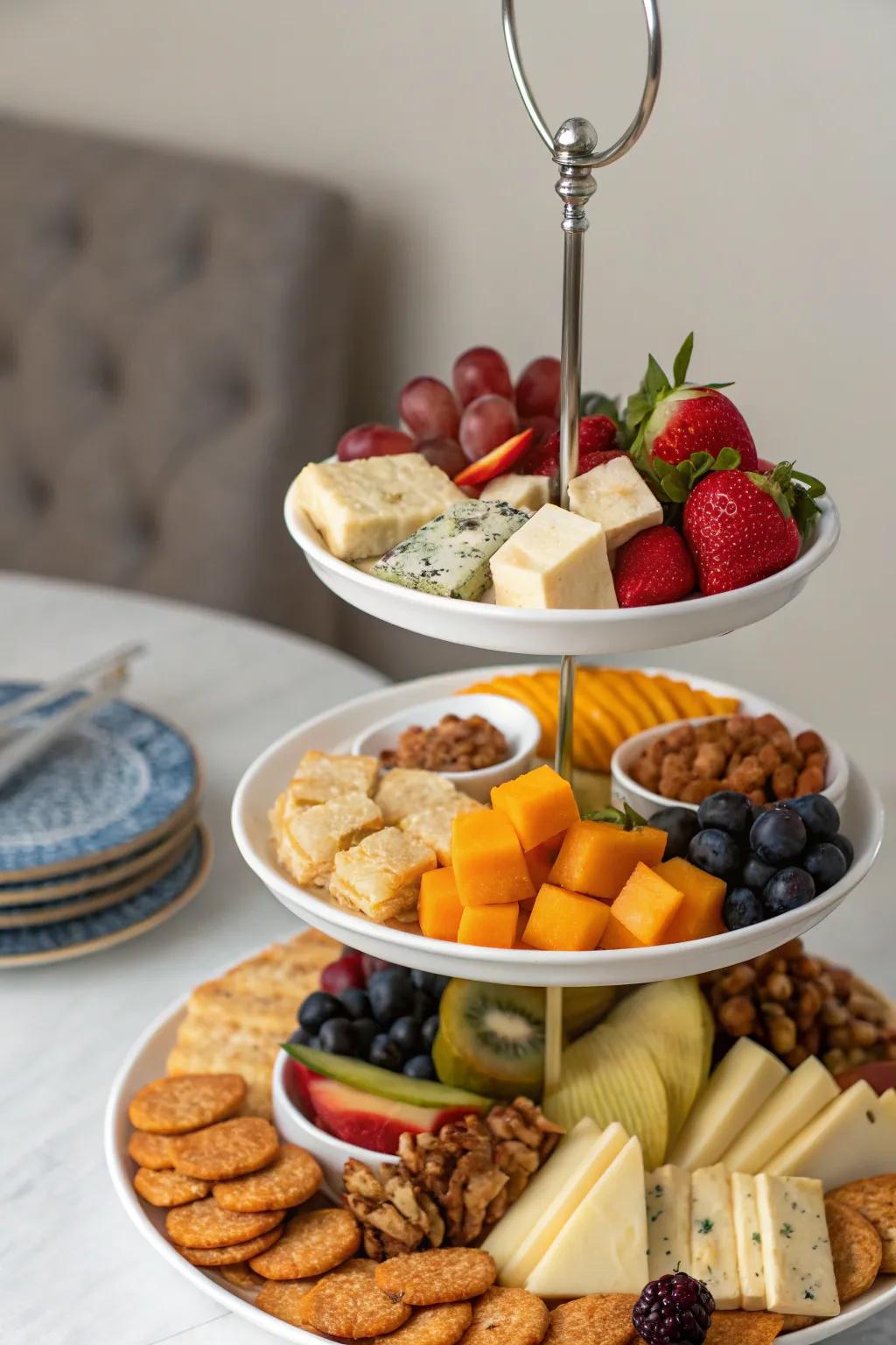 Multi-tiered trays maximize surface area while delivering an eye-catching snack presentation.