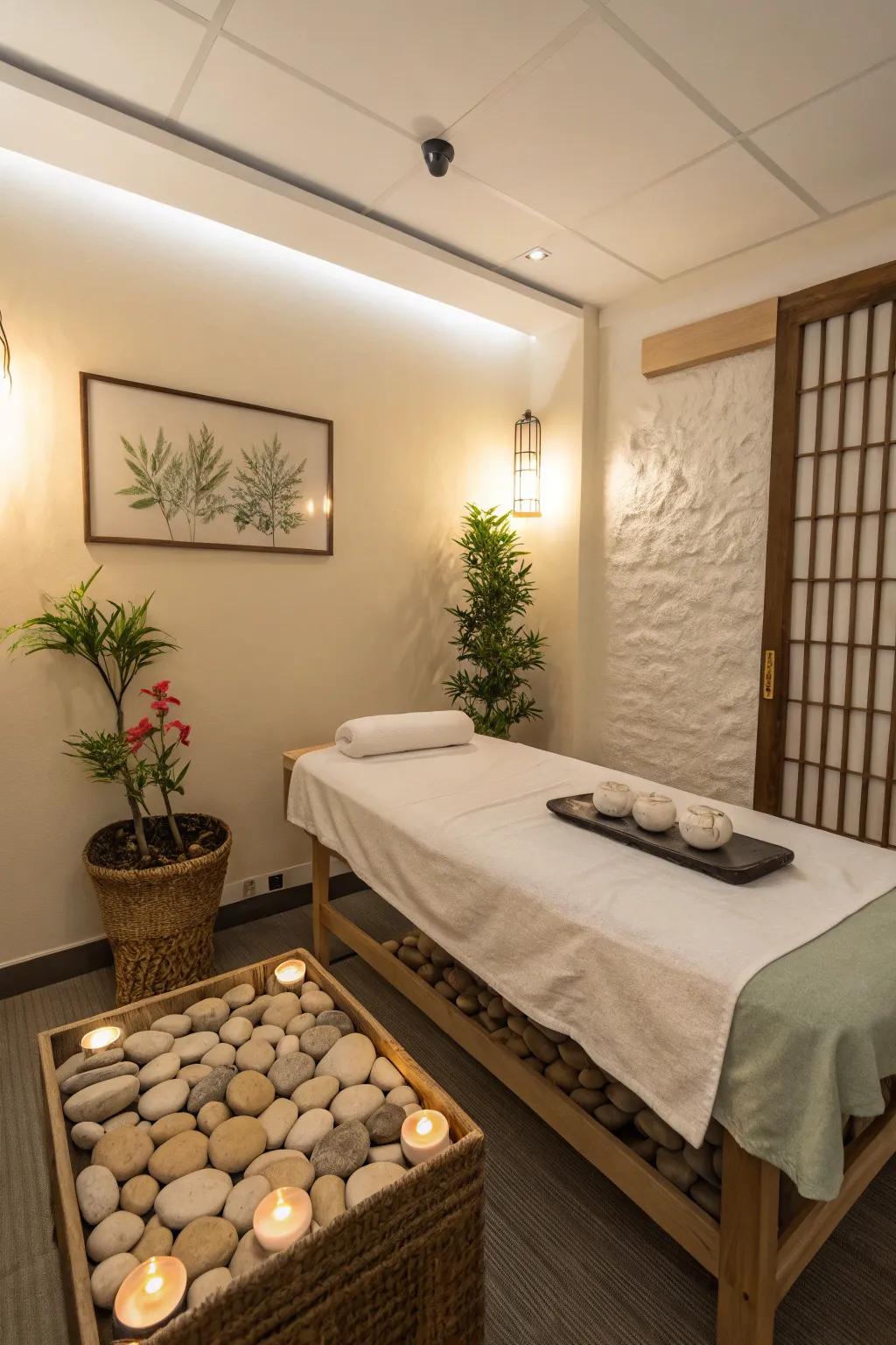 A Zen garden adds a tranquil touch to your massage room decor.