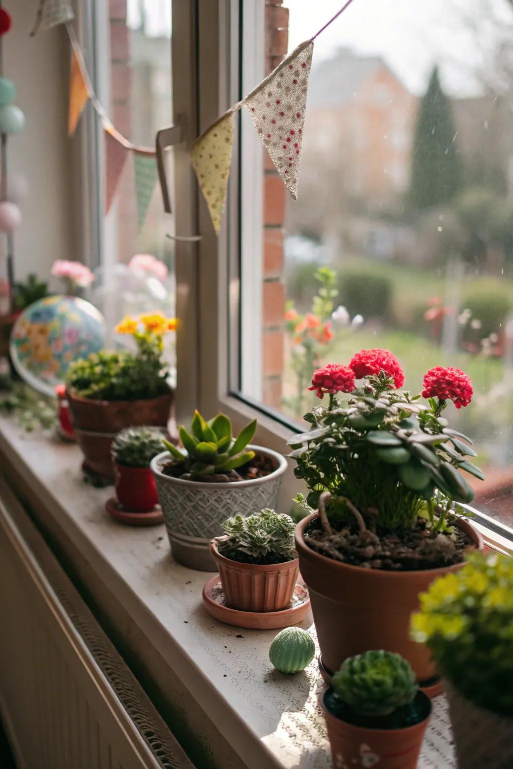 A window ledge creatively used for displaying plants and ornaments.