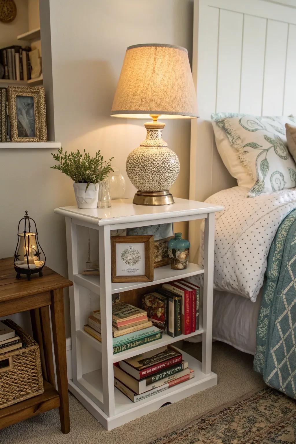 Shelving units offer ample bedside storage.