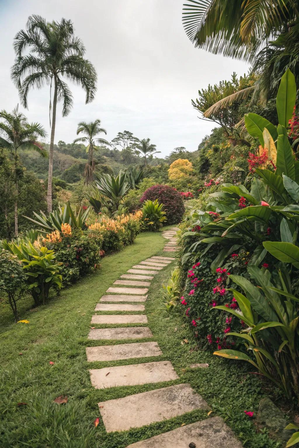 A whimsical path through the tropical plants is created by stepping stones.