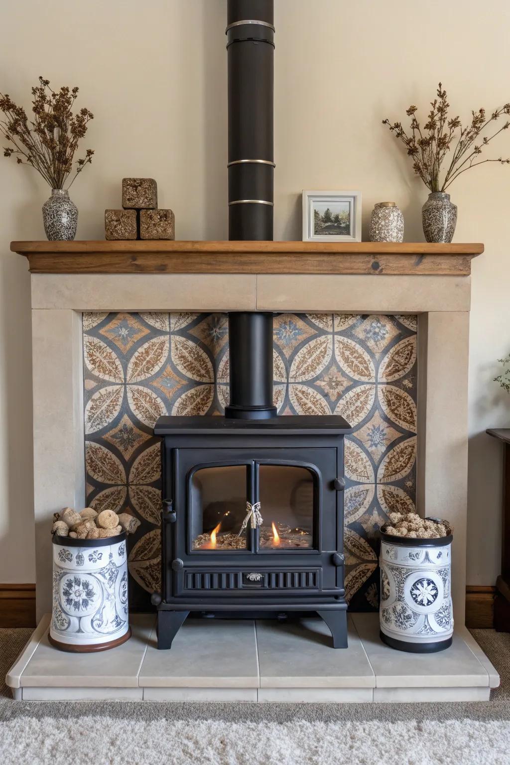 Symmetry around a wood stove creates balance and visual harmony.