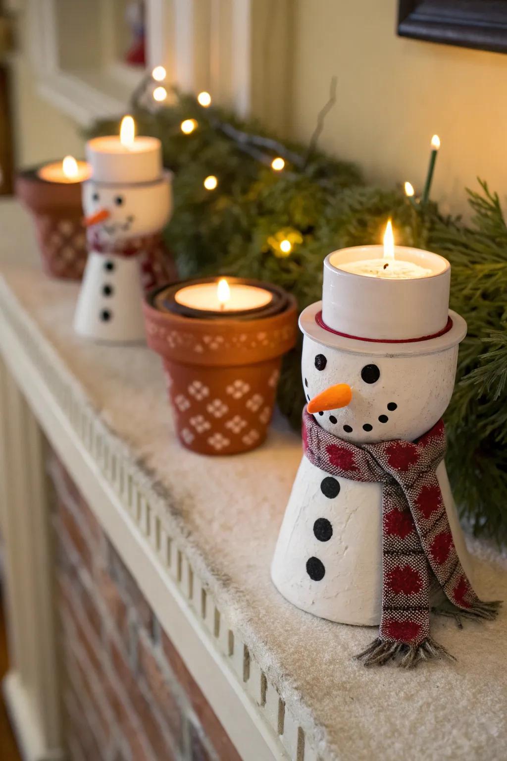 Snow figure candle stands cast a warm, inviting glow.