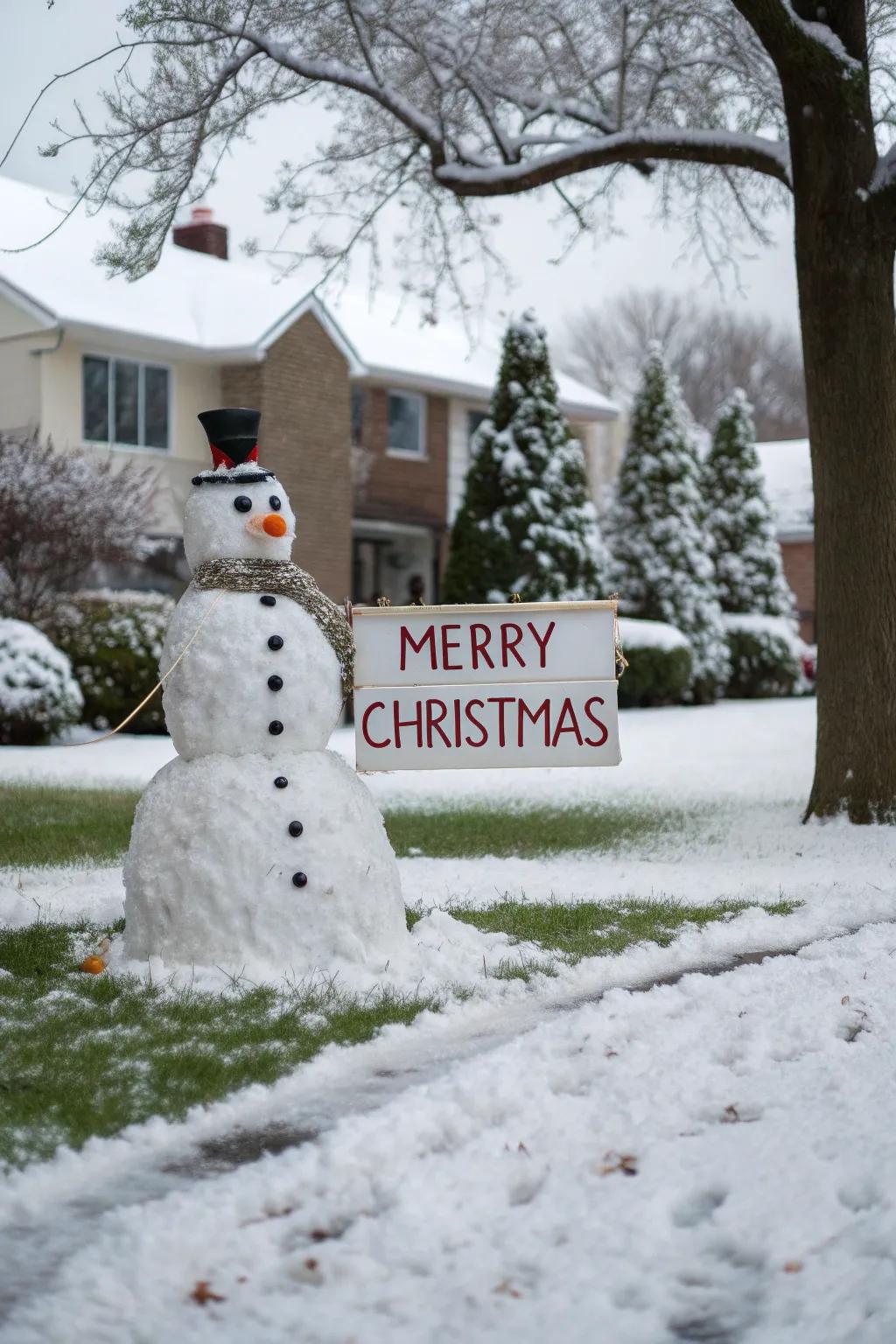 A snowman with a welcoming message for visitors.