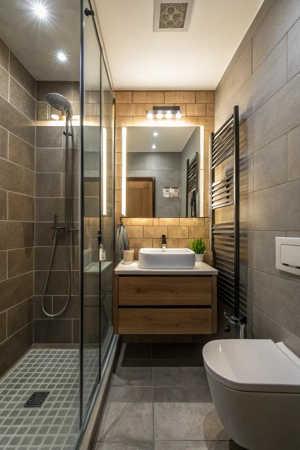 Tinted shower screen adding depth and style.