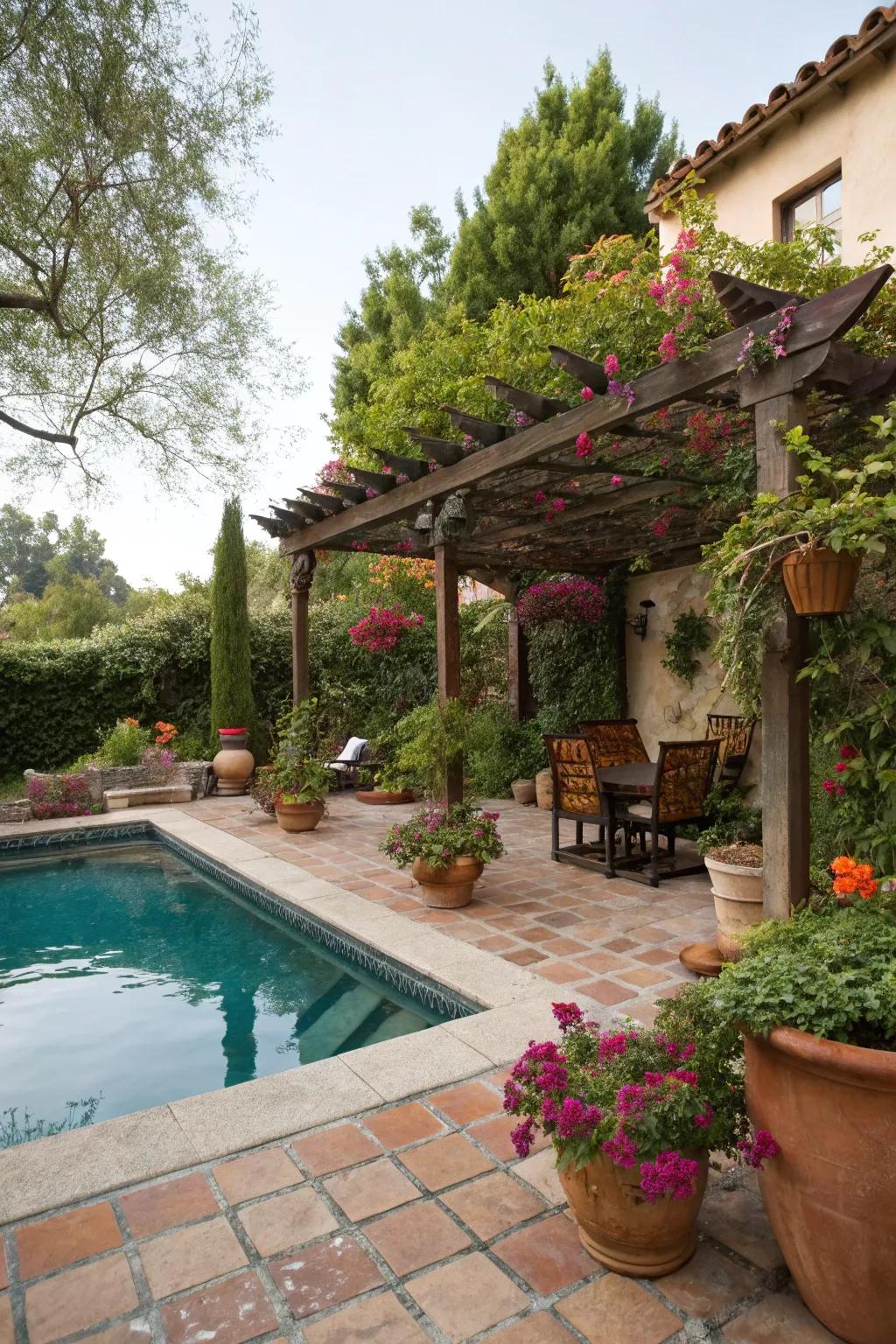A canopy provides a shaded sanctuary in this elegant Spanish-inspired backyard.