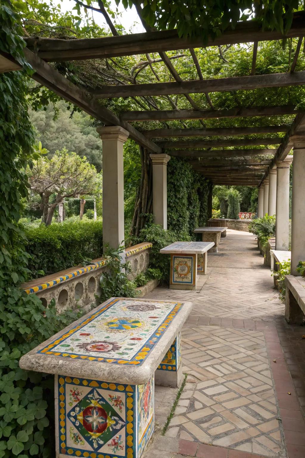 The pergola is infused with a dynamic energy thanks to the tile accents.