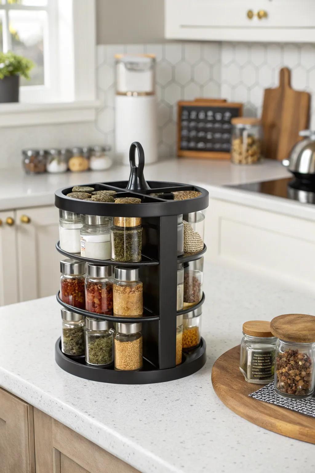 An attractive half-moon spice rack for everyday application.