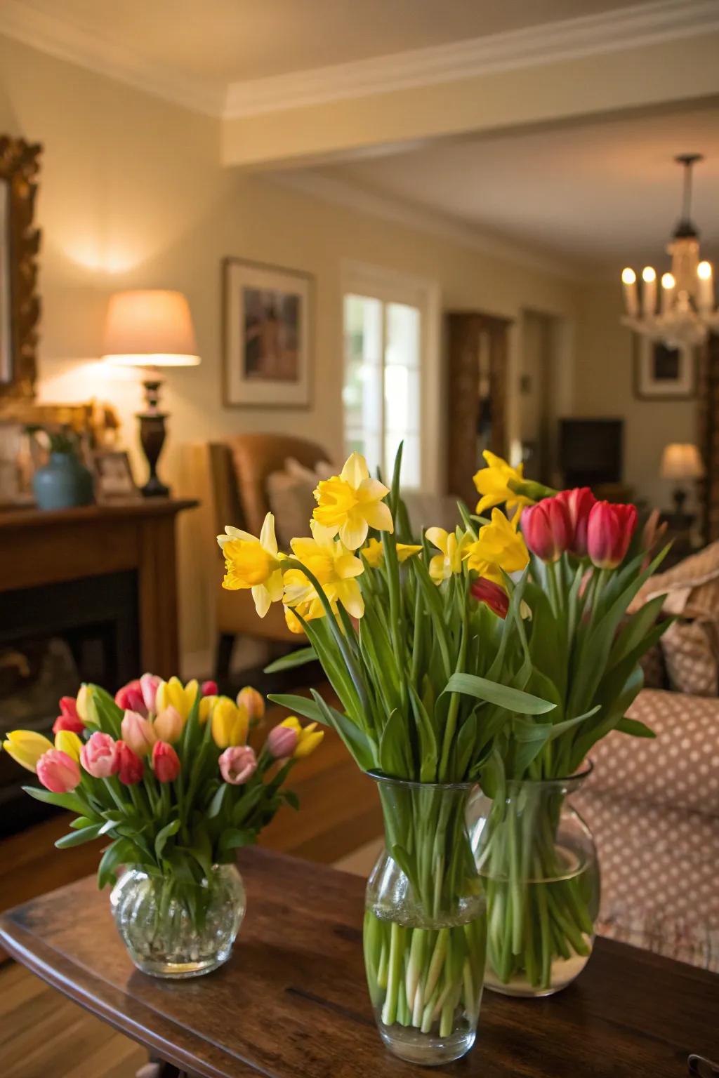 Fresh cut flowers such as tulips and daffodils bring lively color and scent.