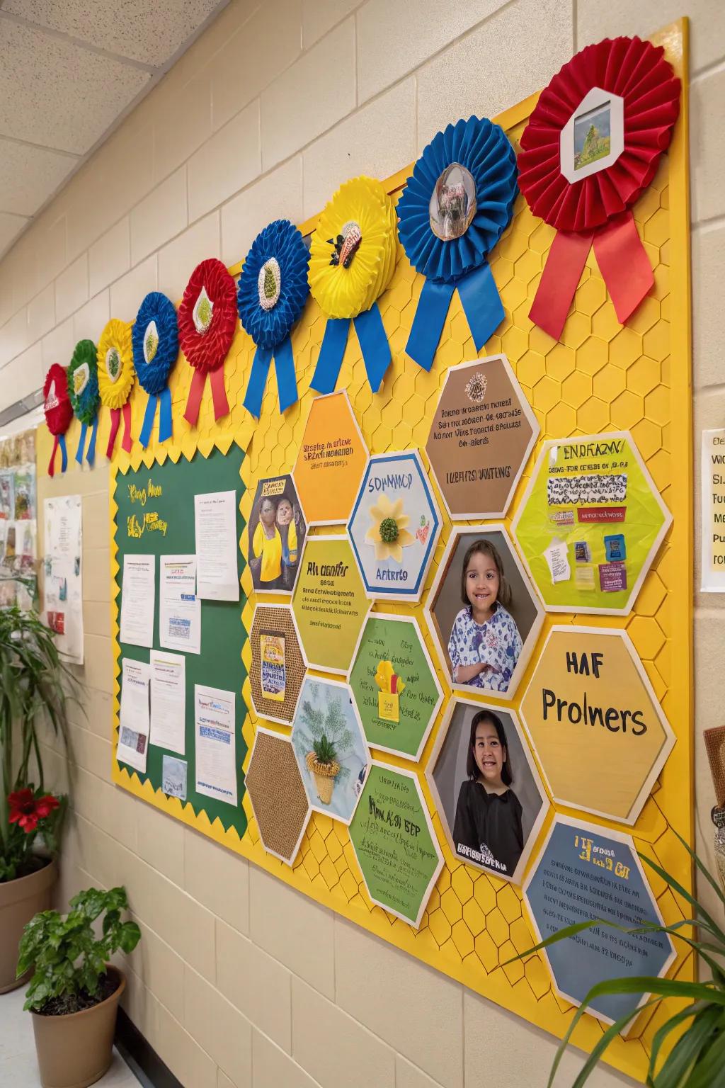 A honeycomb of success buzzing with student achievements.