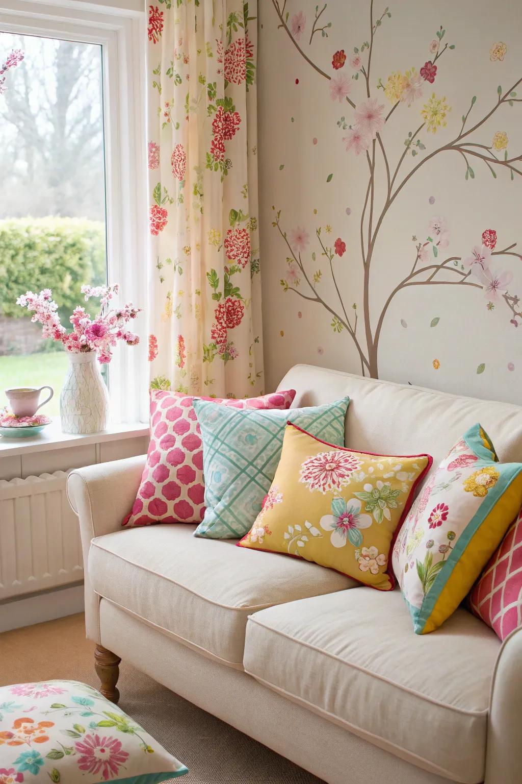 Colorful cushions can instantly refresh your space for spring.