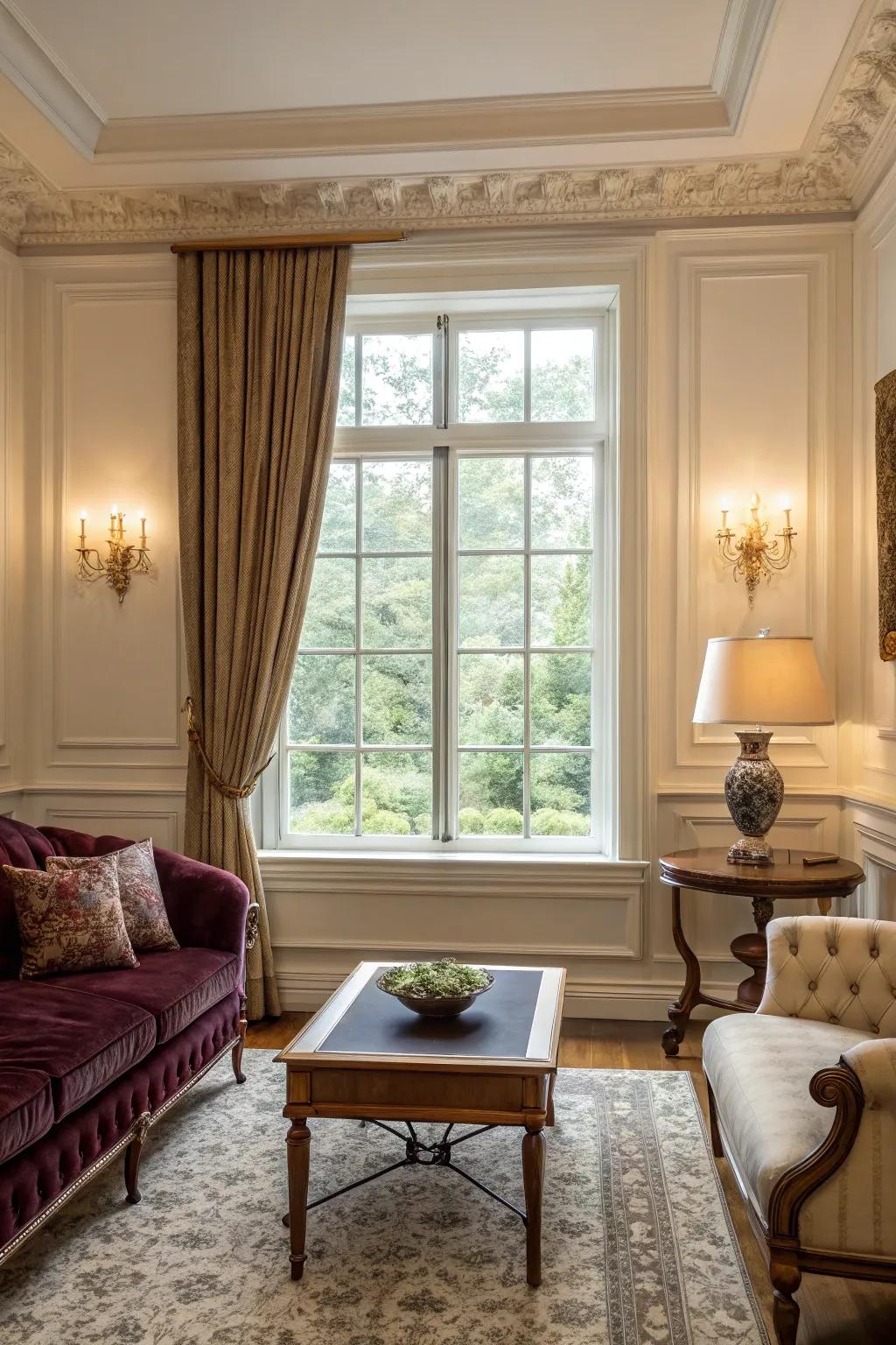 Crown moulding trim adds elegance and grandeur.