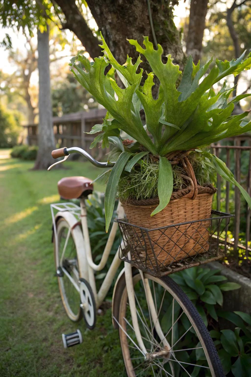 A vintage cycle weave adds a whimsical touch to a staghorn fern display.