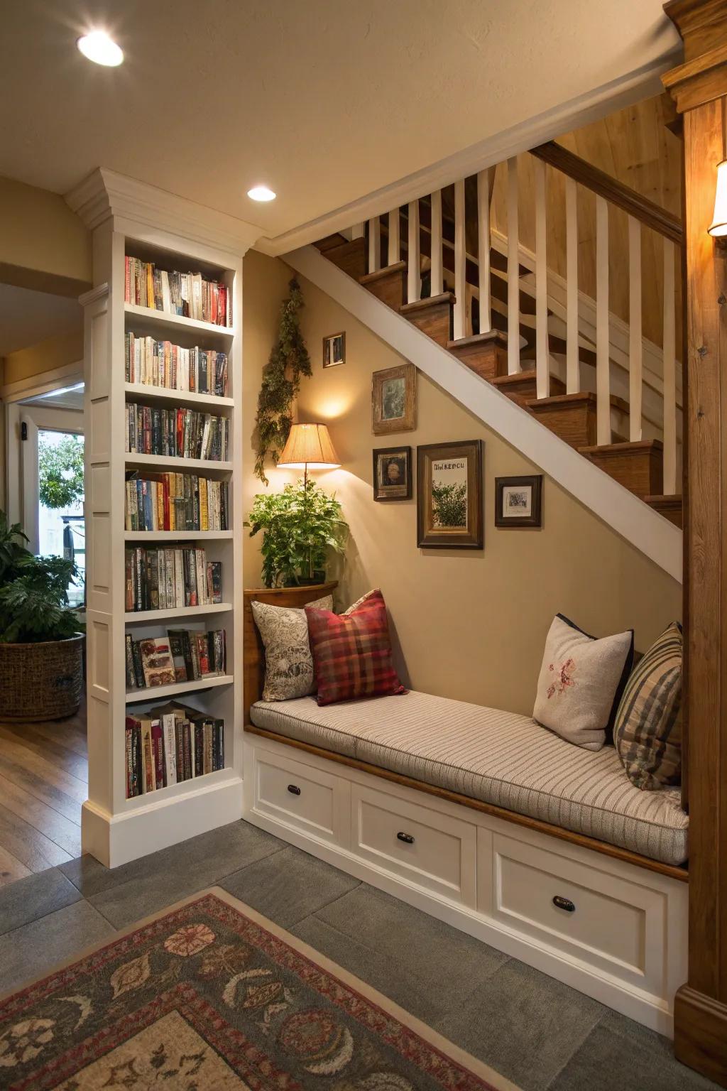 A reading nook under the stairs forms a functional, inviting alcove.