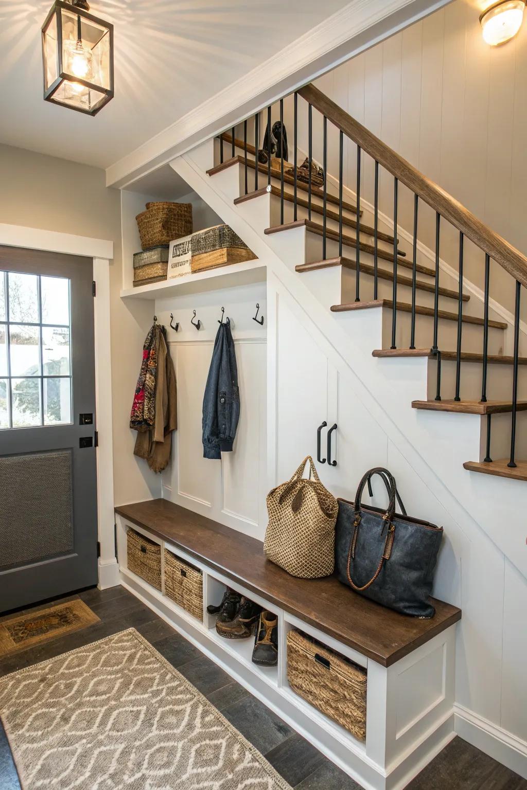 Keep your entryway organized with a mini mudroom beneath the staircase.