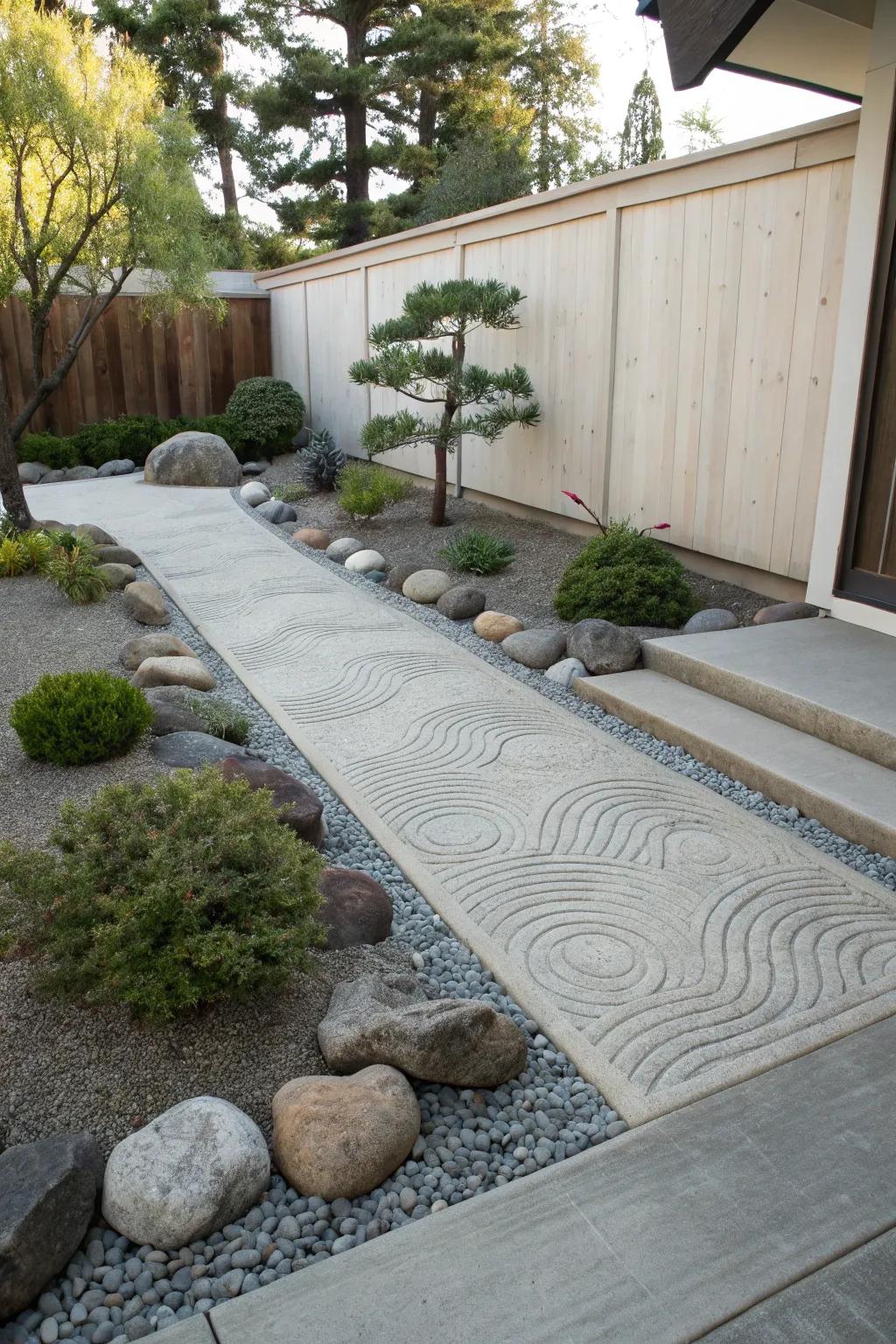 Zen garden featuring a subtle wave pattern stamped concrete border
