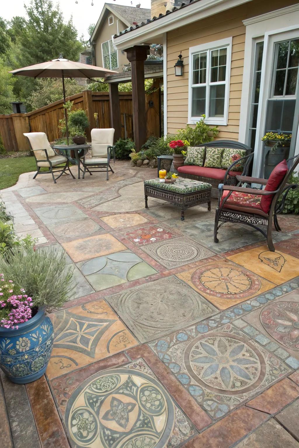Multicolor mosaics add artistic flair to this veranda.