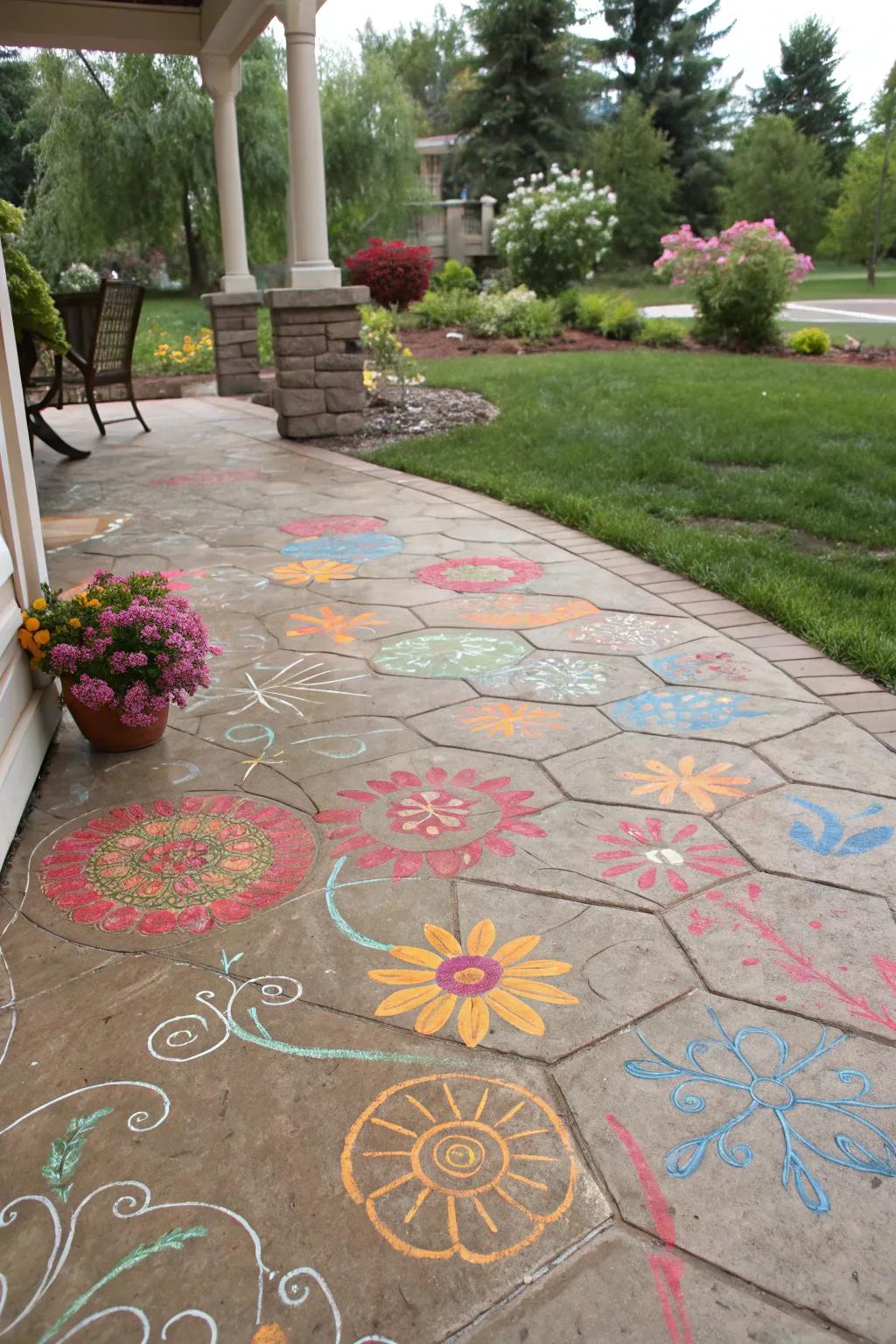 A vividly stained stamped concrete patio.