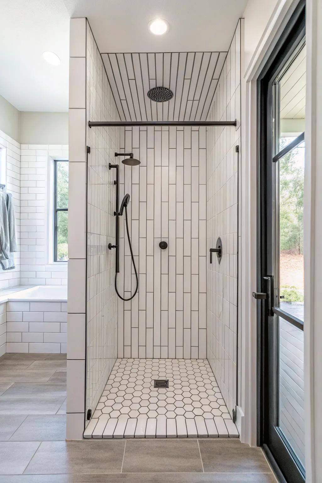 Vertical tiles visually expand the height of a standup shower, making it feel more spacious.