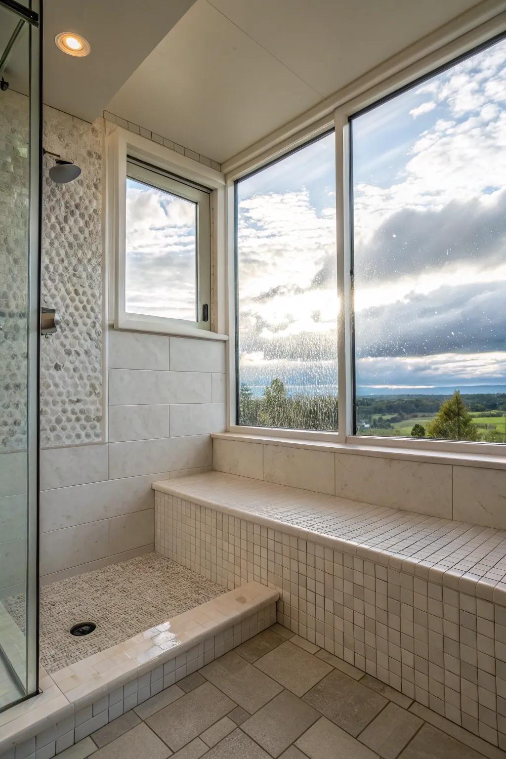 Step-down shower awash with organic light thanks to its deliberately positioned window.