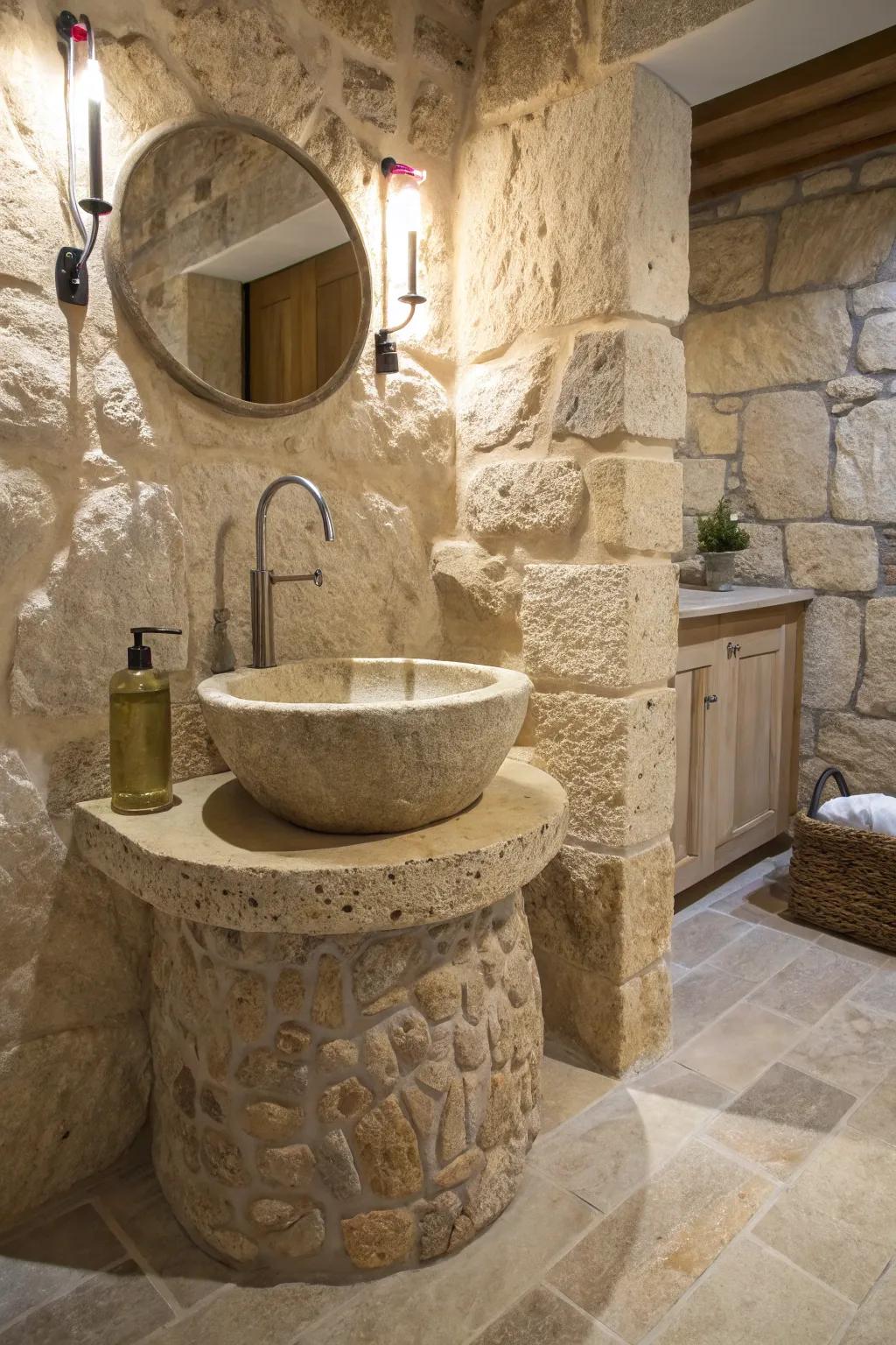 A stone bathroom featuring a unique stone sink as a point of interest.