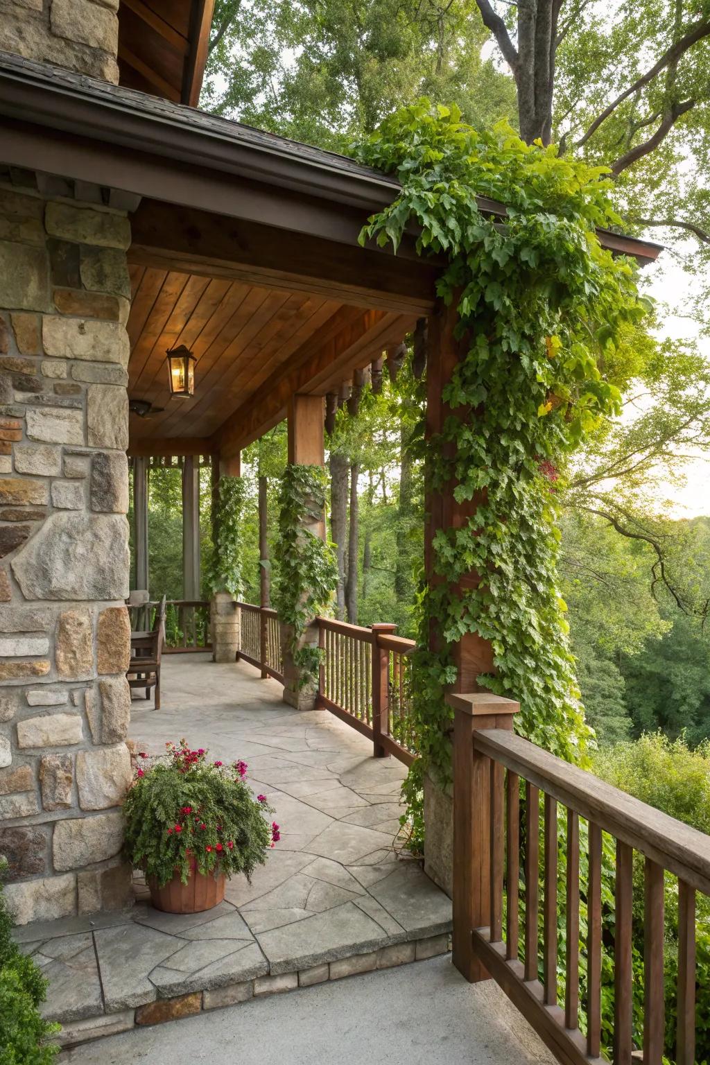 Stone and wood fusion produces a harmonious blend.