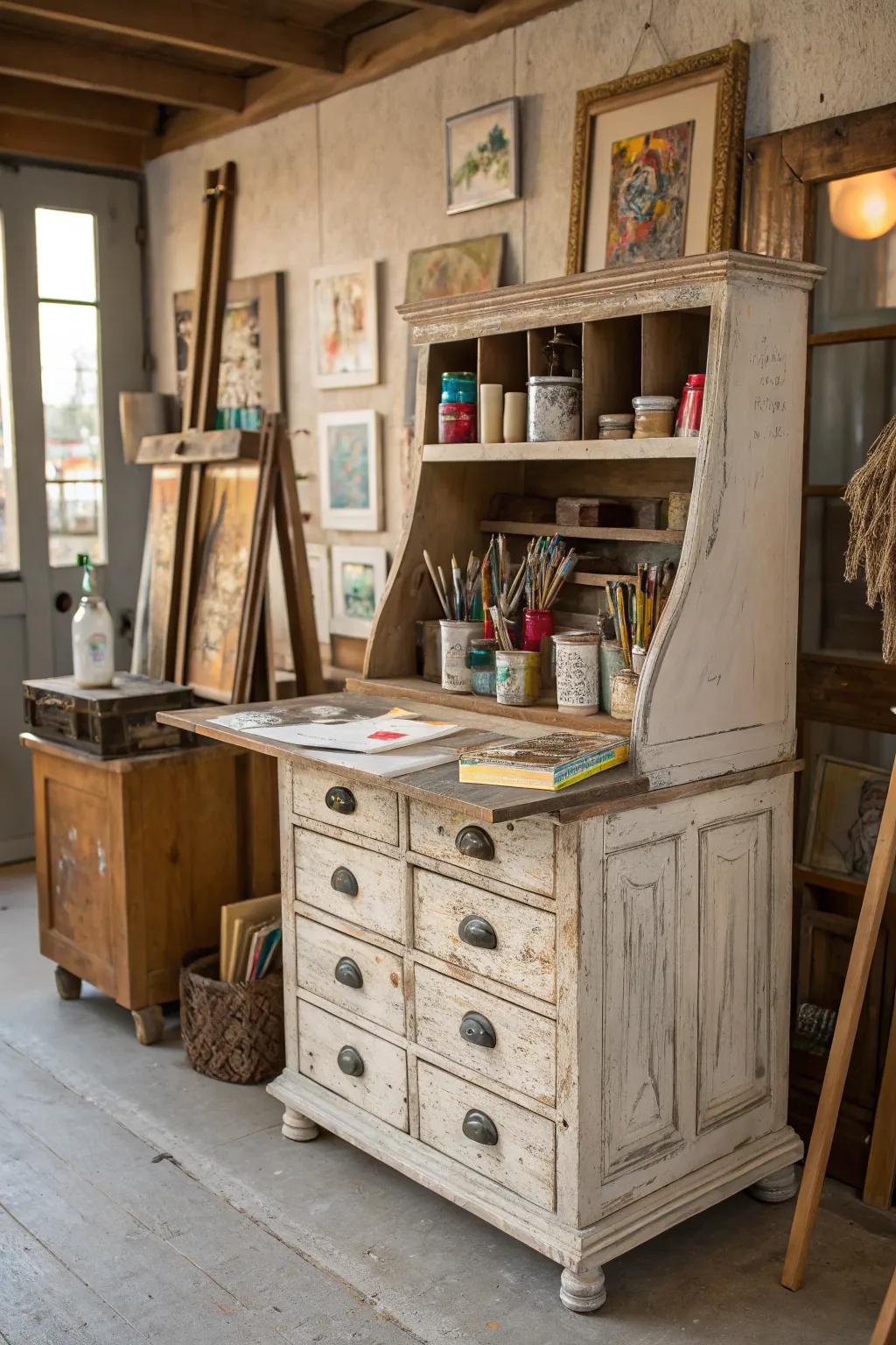 Upcycled furniture creates elegant storage.