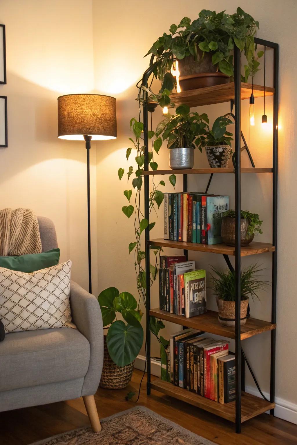 Maximize corner spaces by incorporating a decorative shelf.