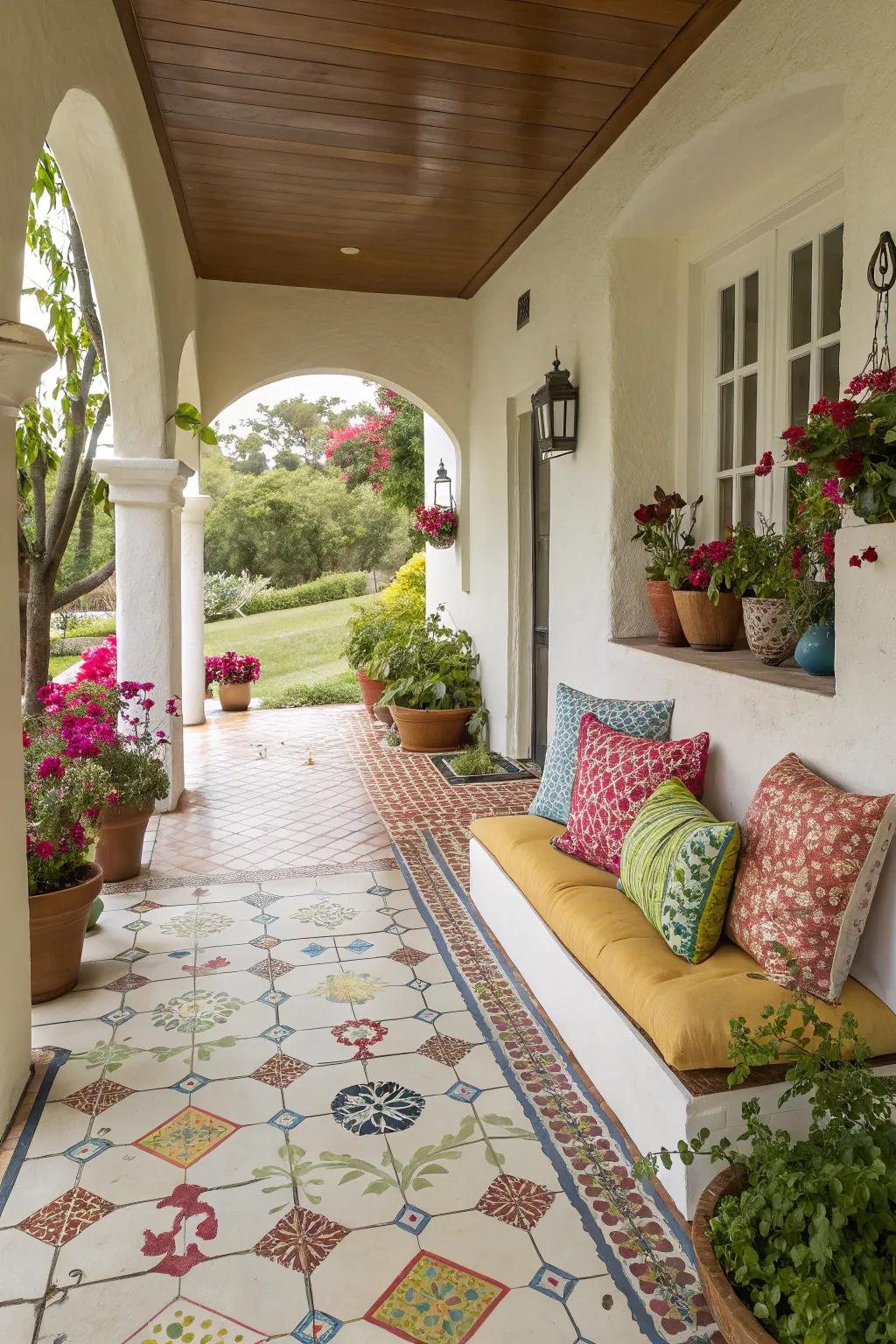 Fun tile designs provide a whimsical charm to this stucco porch.