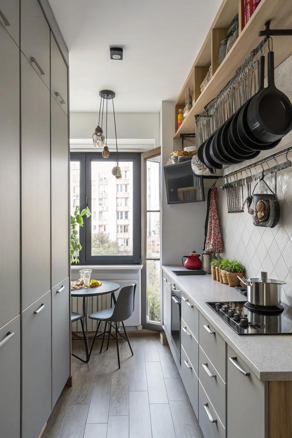 Vertical storage solutions enhance organization and style.