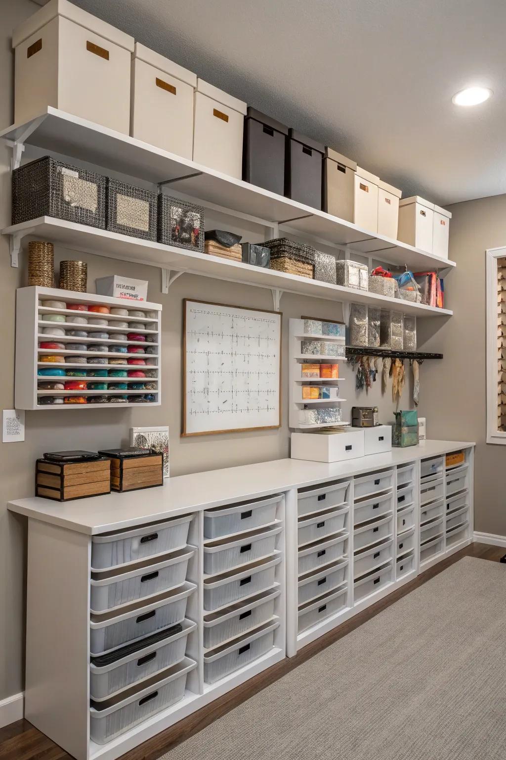 Smart storage solutions keep your studio organized and efficient.