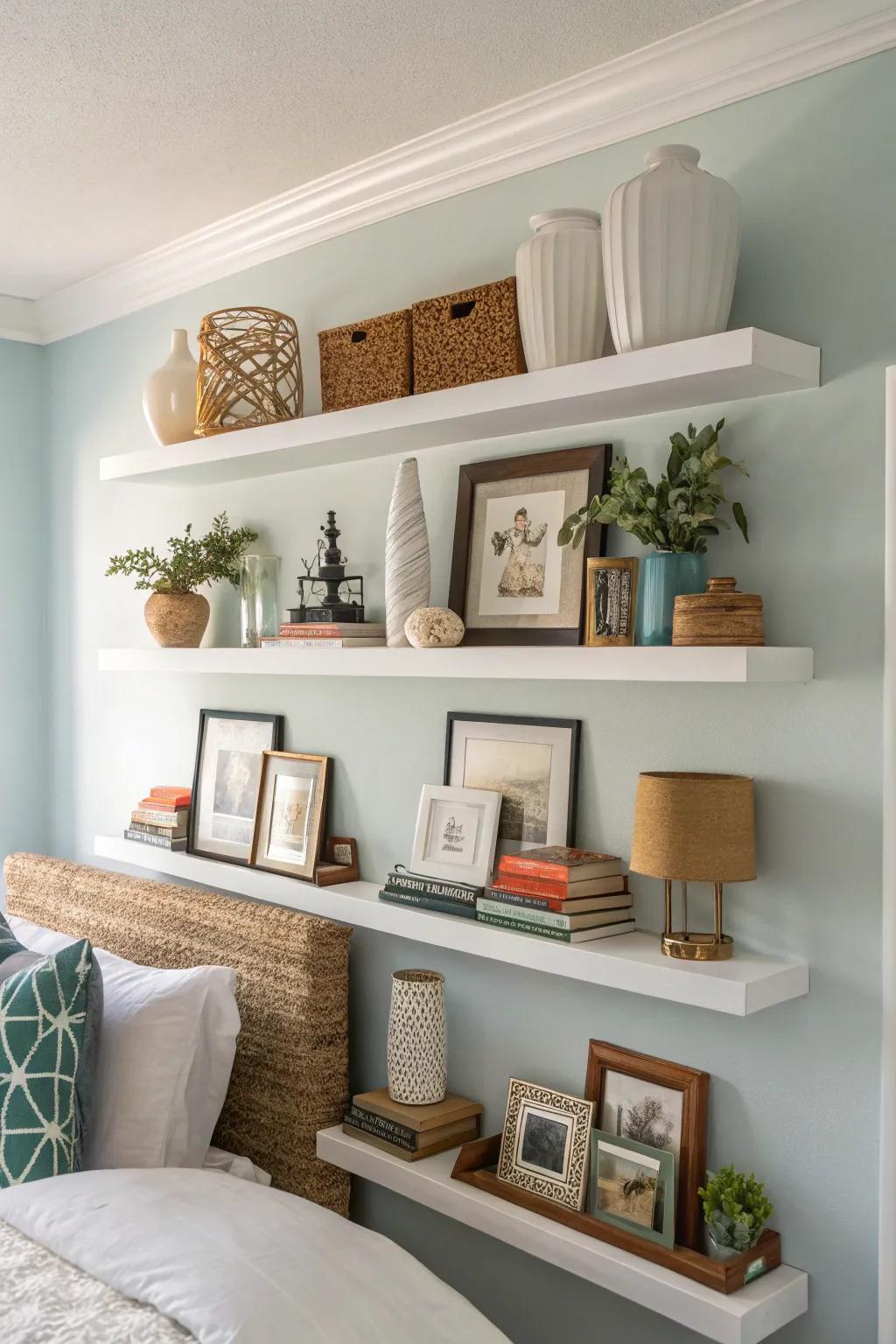 Add depth using floating shelves.