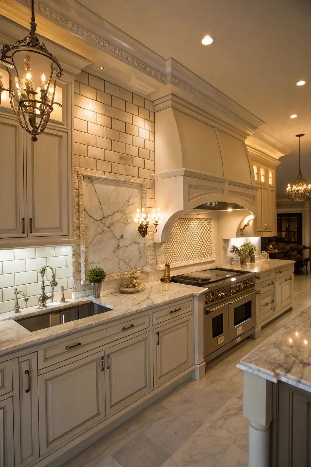 Marble rectangle coverings contribute a sophisticated and refined element to the cooking space.