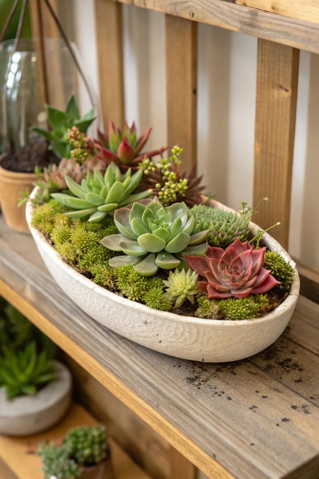 A forest-inspired succulent garden accentuated with lush moss touches.