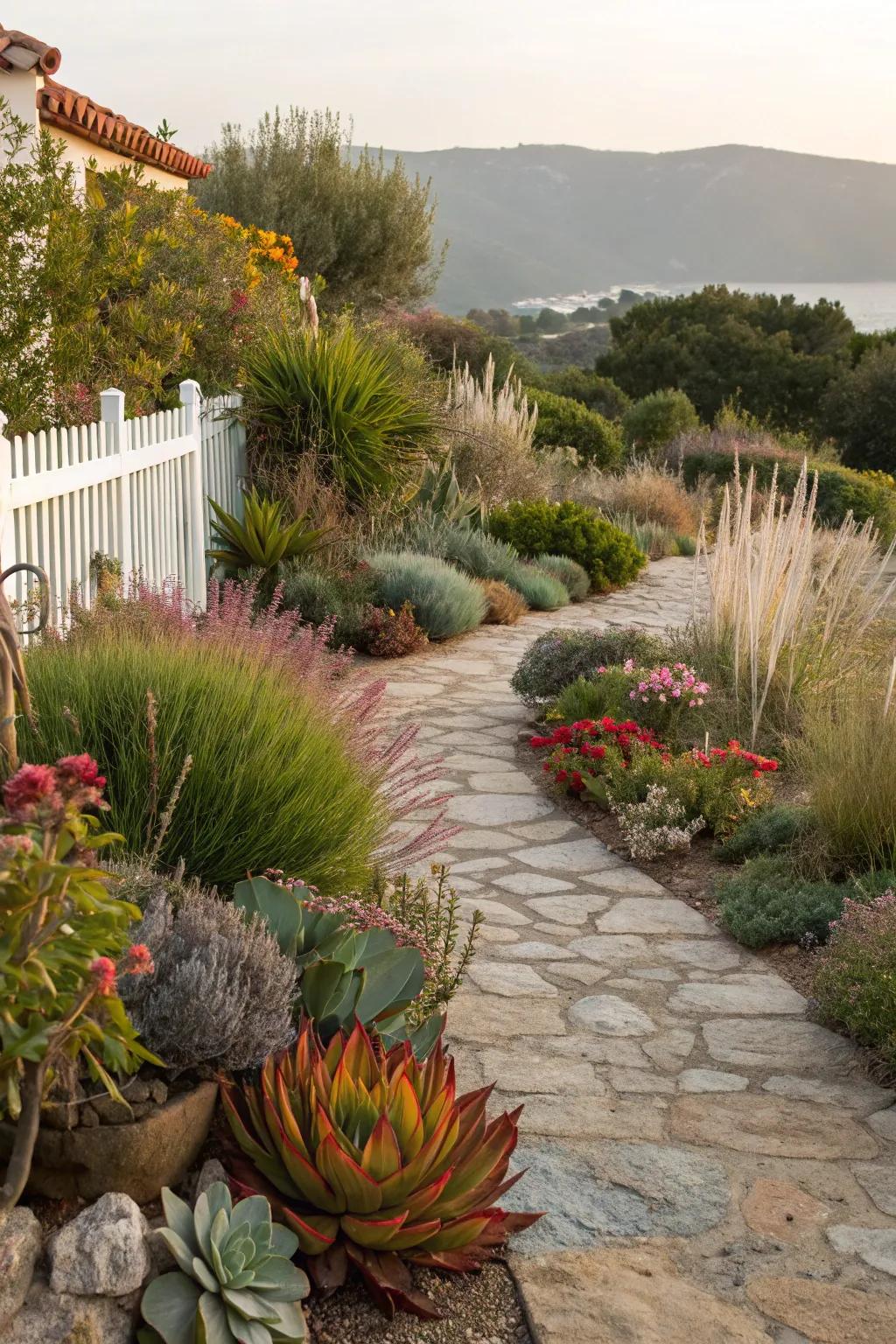 A Mediterranean garden featuring succulents, herbs, and graceful grasses.