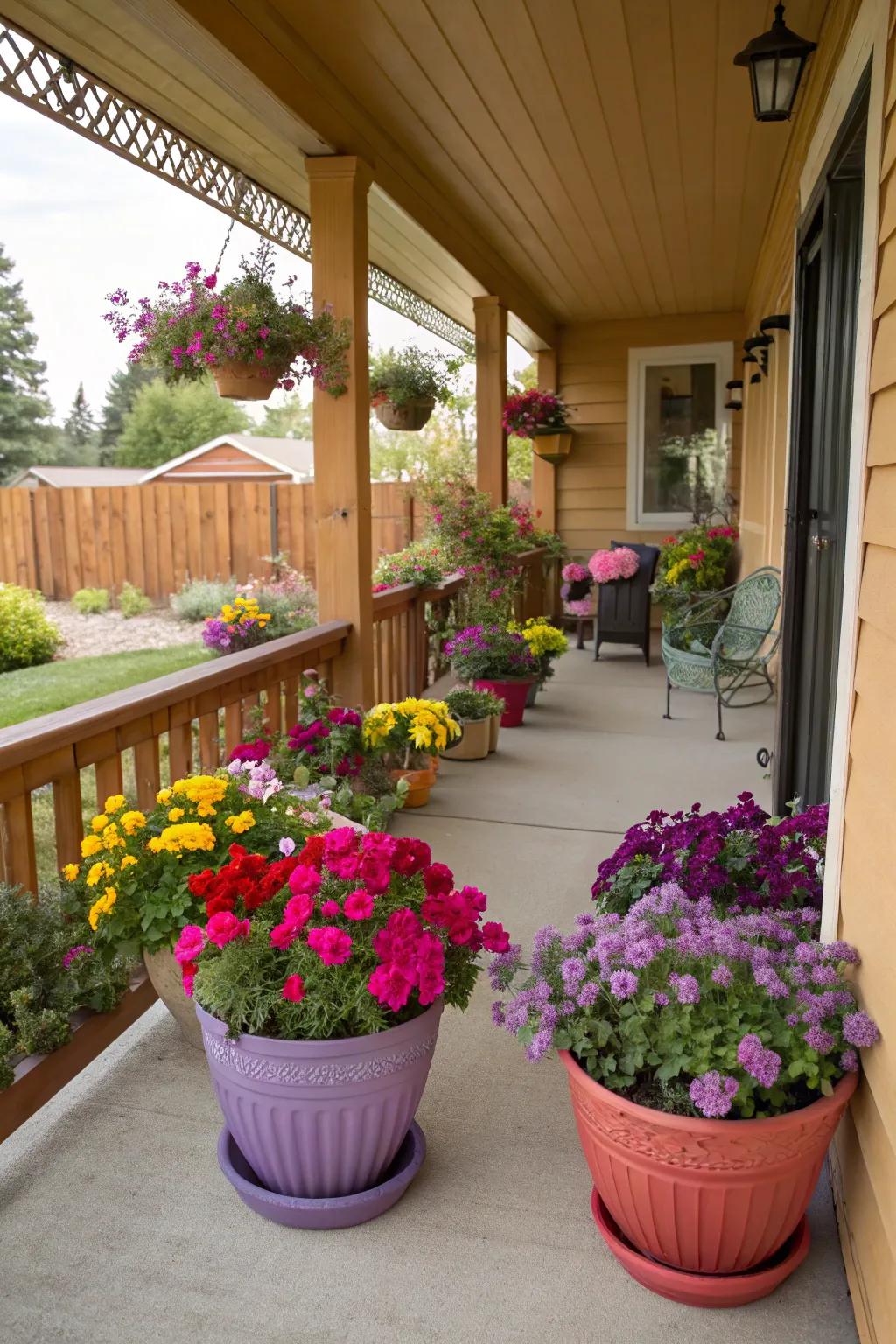 Vivid planters inject vitality and vibrancy into the porch.