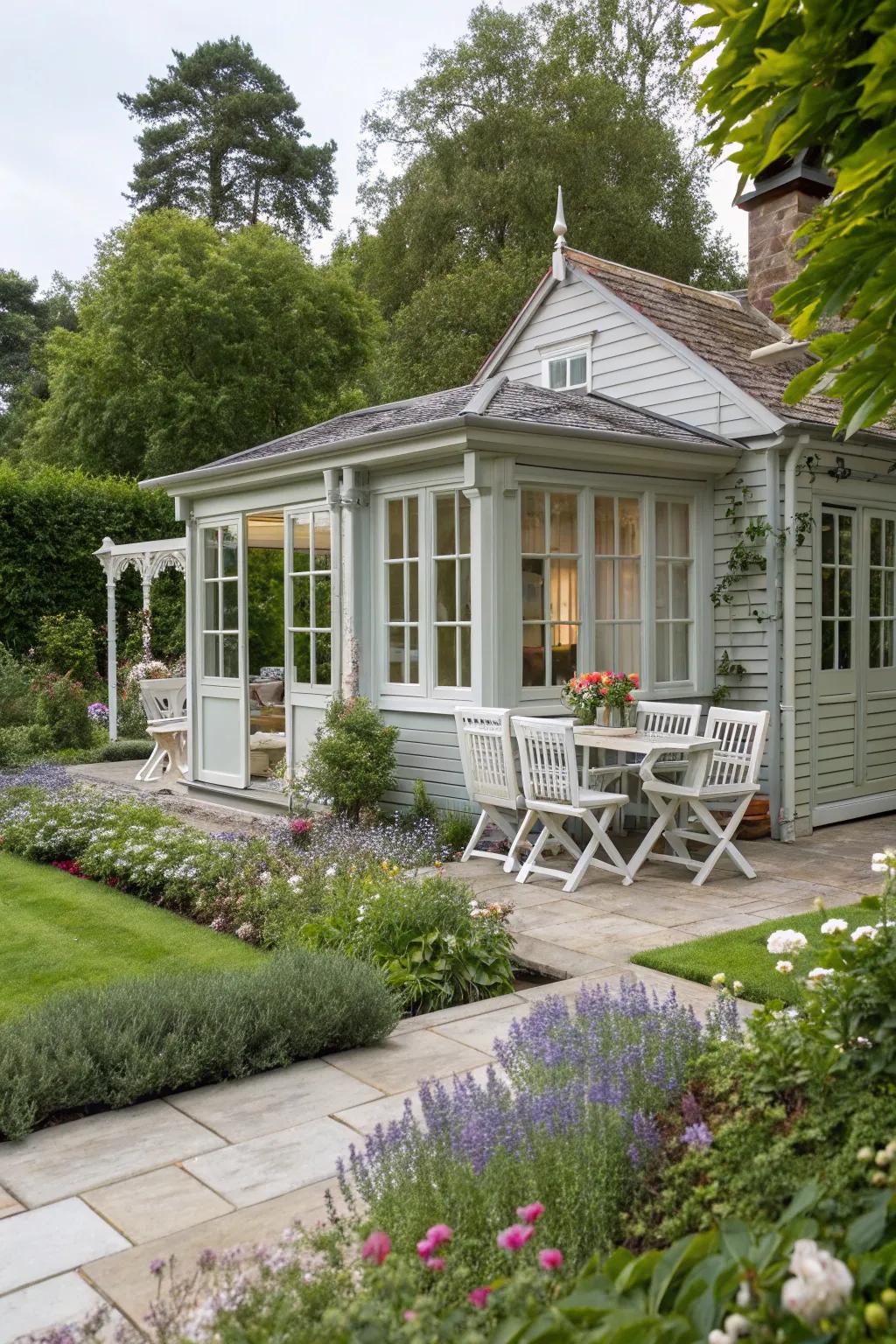 A chic summer house in gentle grey, perfect for any yard style.