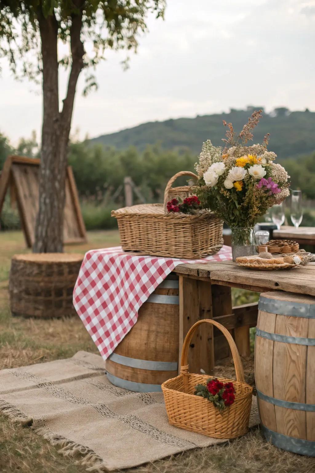A snug countryside picnic design using natural and earthy elements