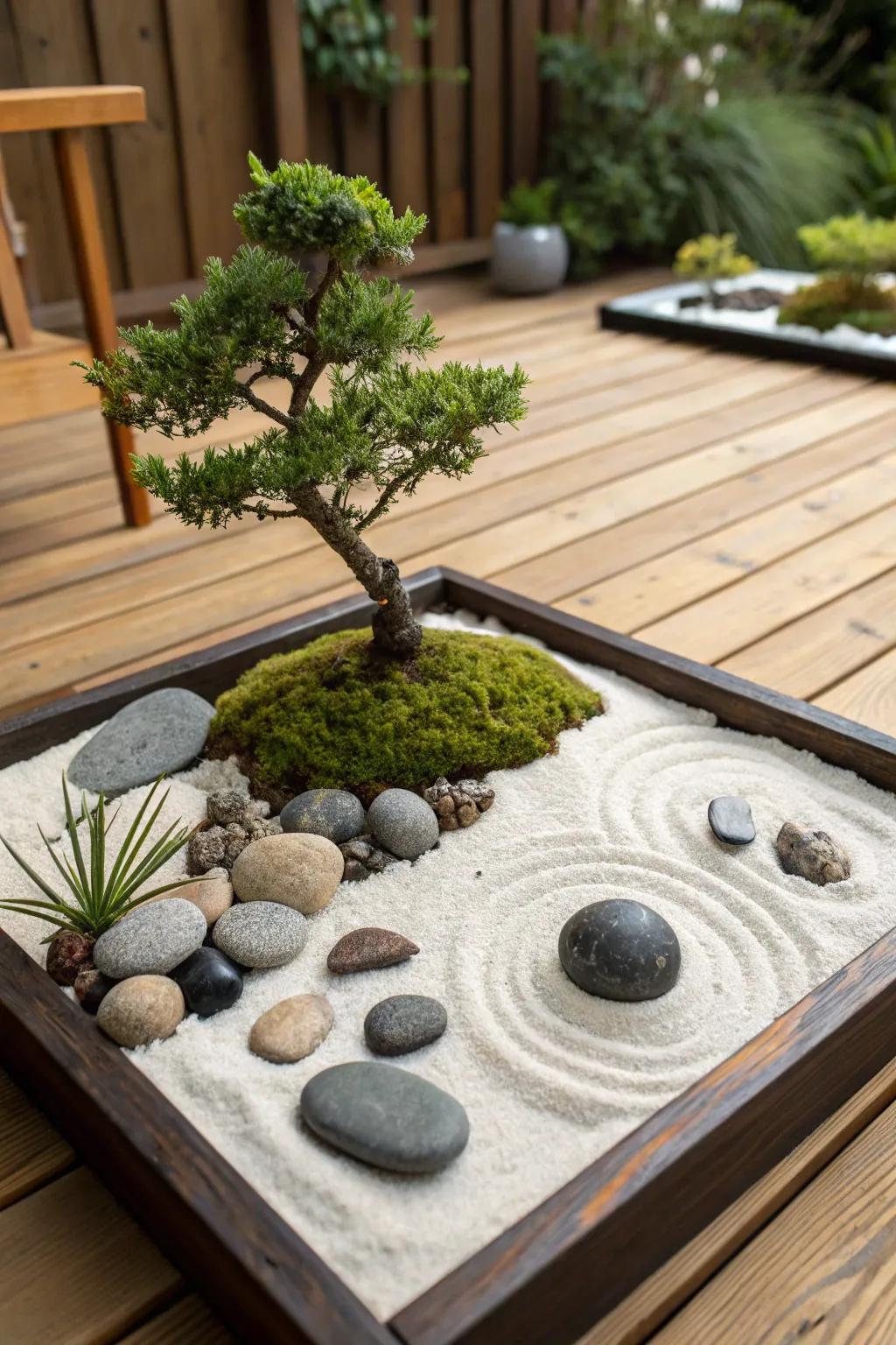 Mini Zen garden showcasing bonsai