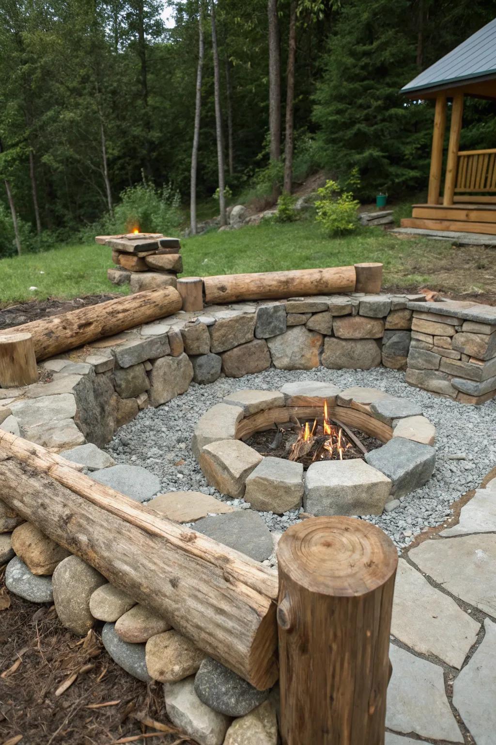 Stone and timber combine for a textured sunken fire pit.