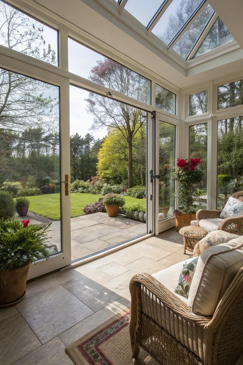 Large glass doors bring the outdoors into this sunroom.