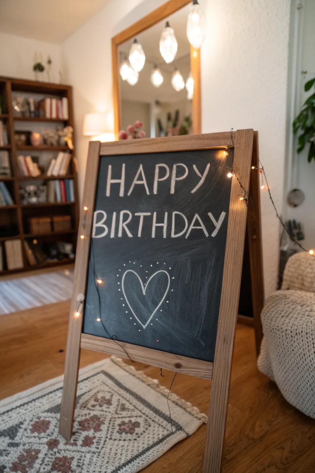 A personalized chalkboard message adds warmth and thoughtfulness.