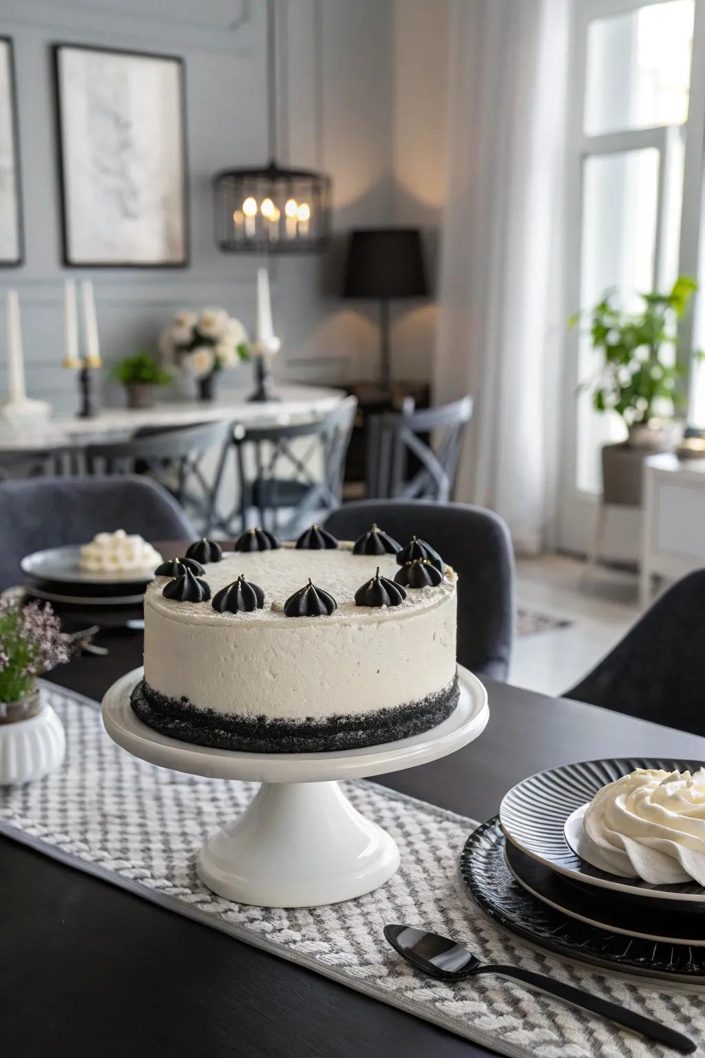 A classy black and white cake that exudes timeless elegance.