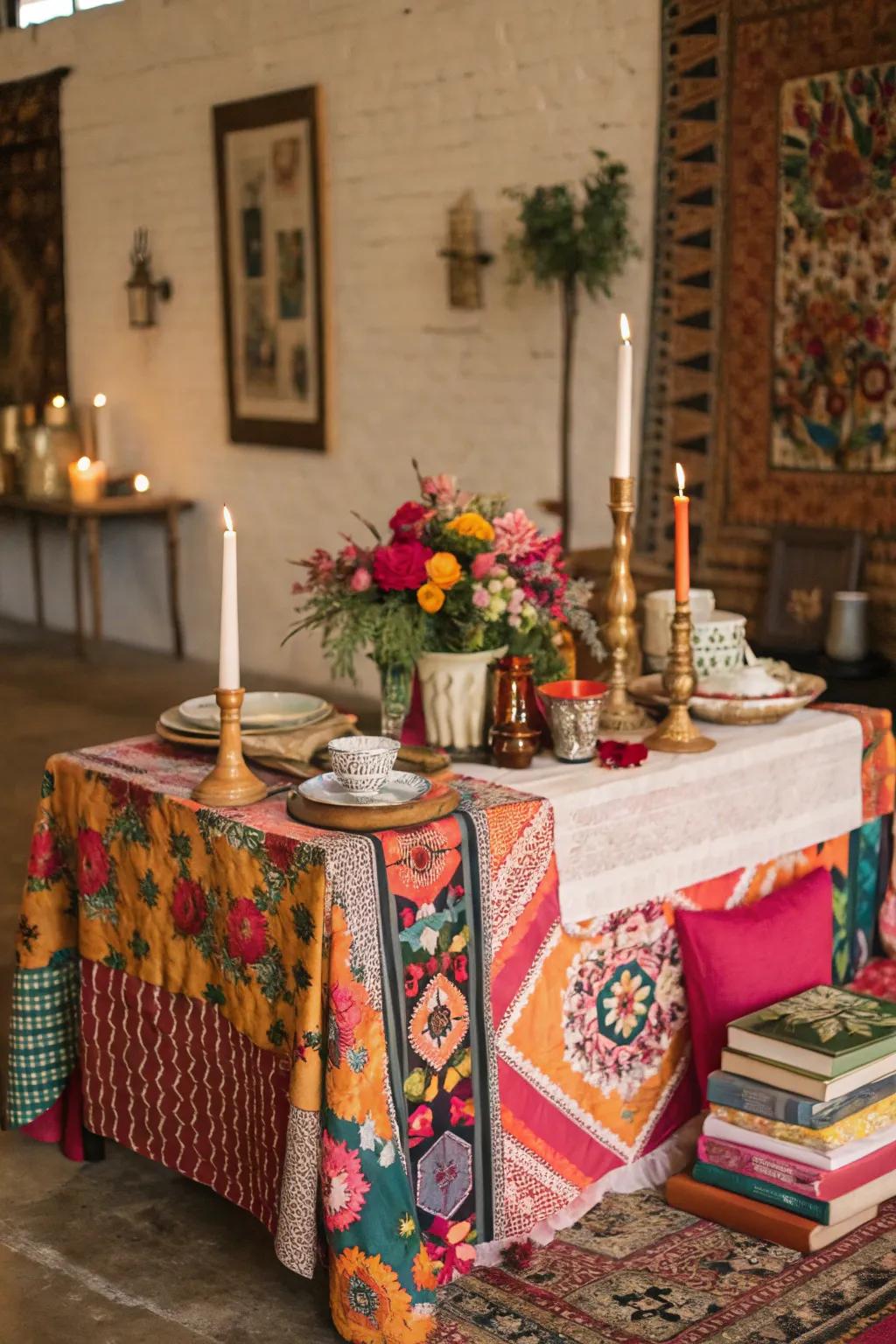 A bohemian sweetheart table showcasing eclectic textiles and vibrant colors.