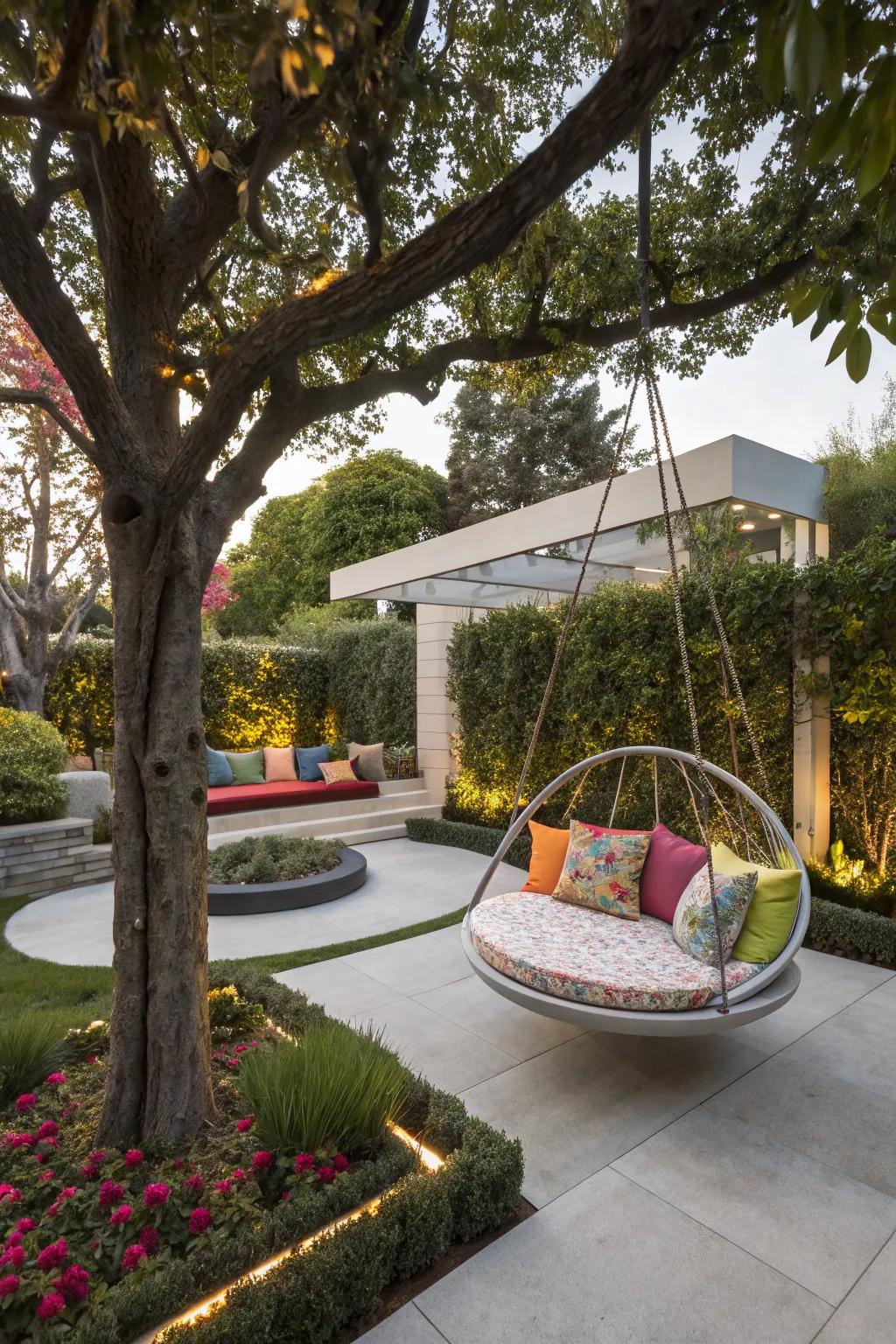 A circular swing plank extends a snug, modern twist on relaxation.